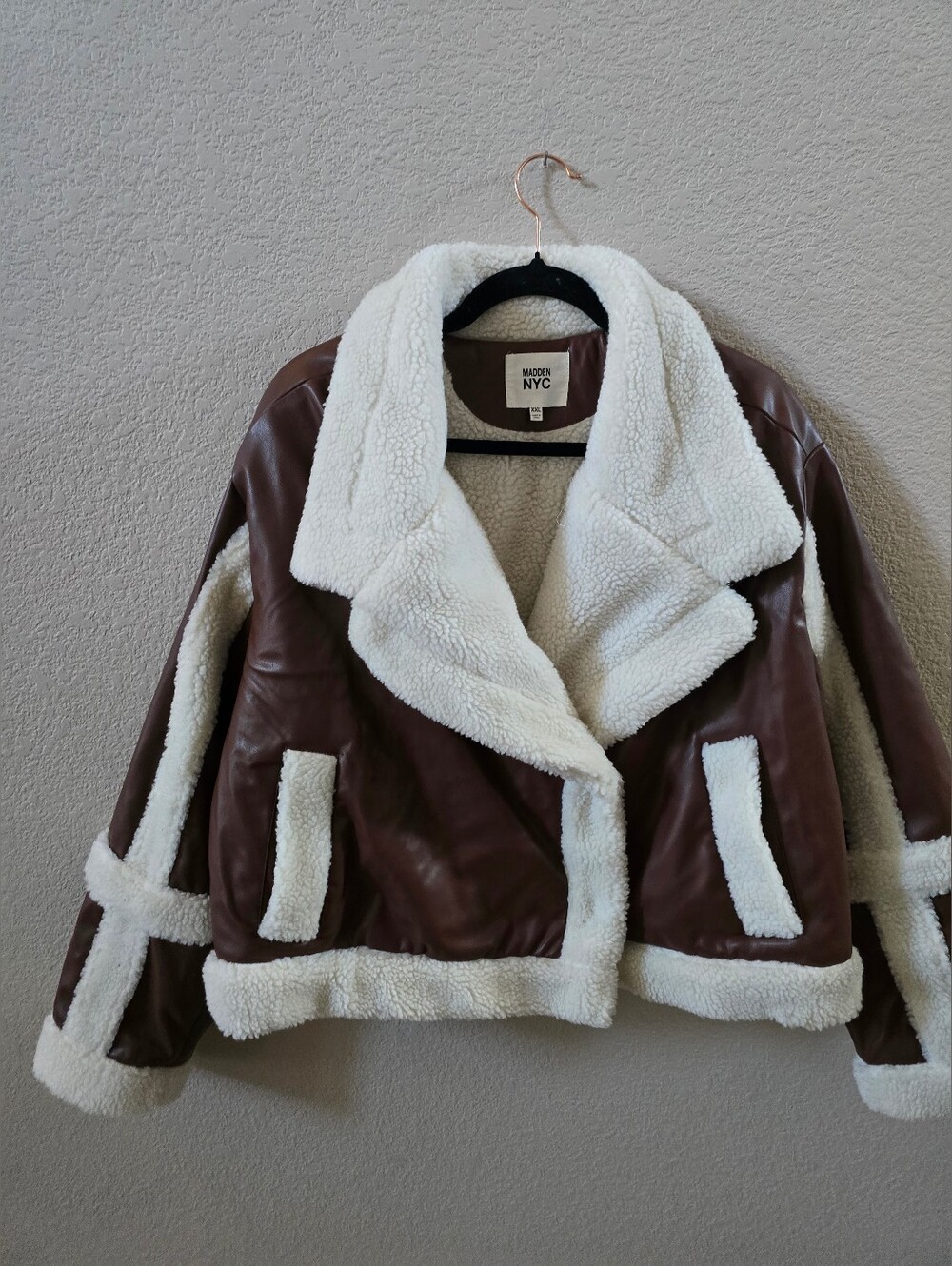 Madden NYC Brown Faux-Leather Teddy Jacket with White Sherpa Trim